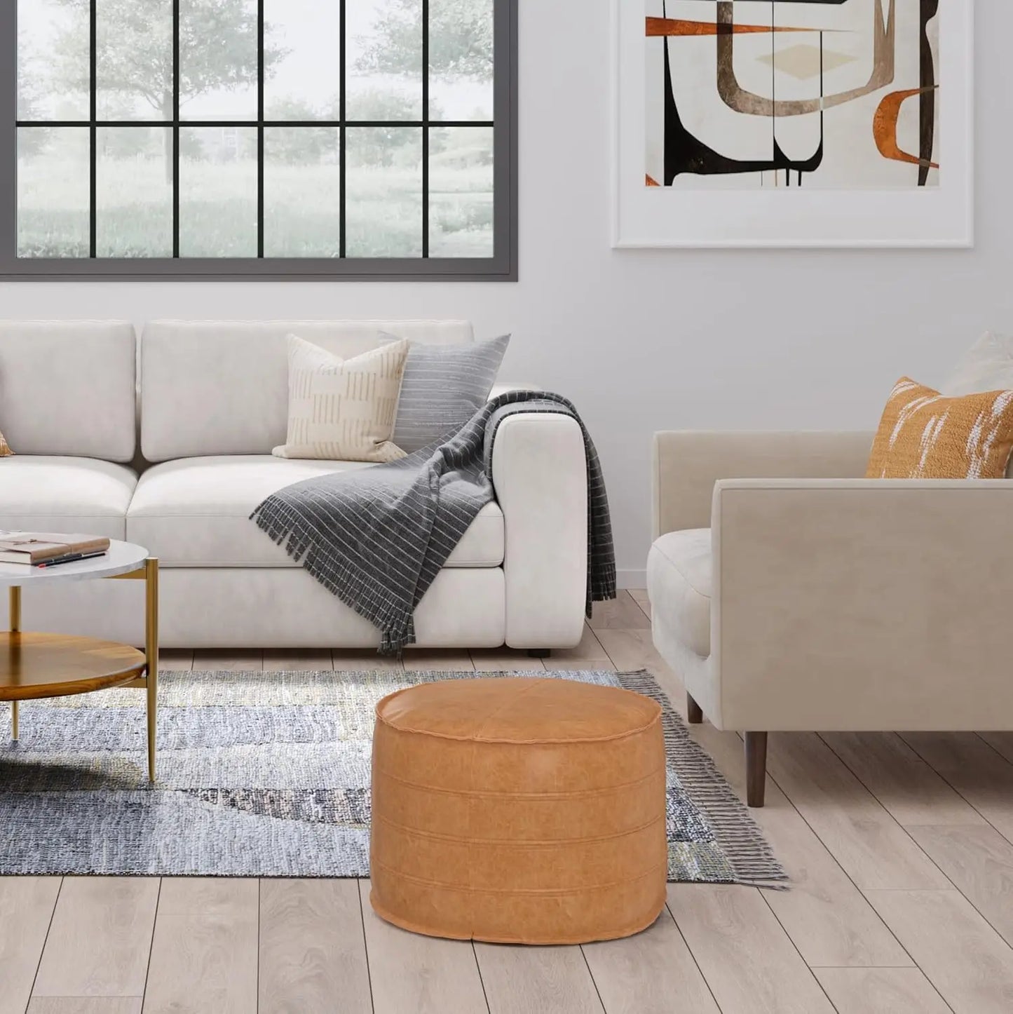 Round Pouf In Distressed Brown Vegan Faux Leathe