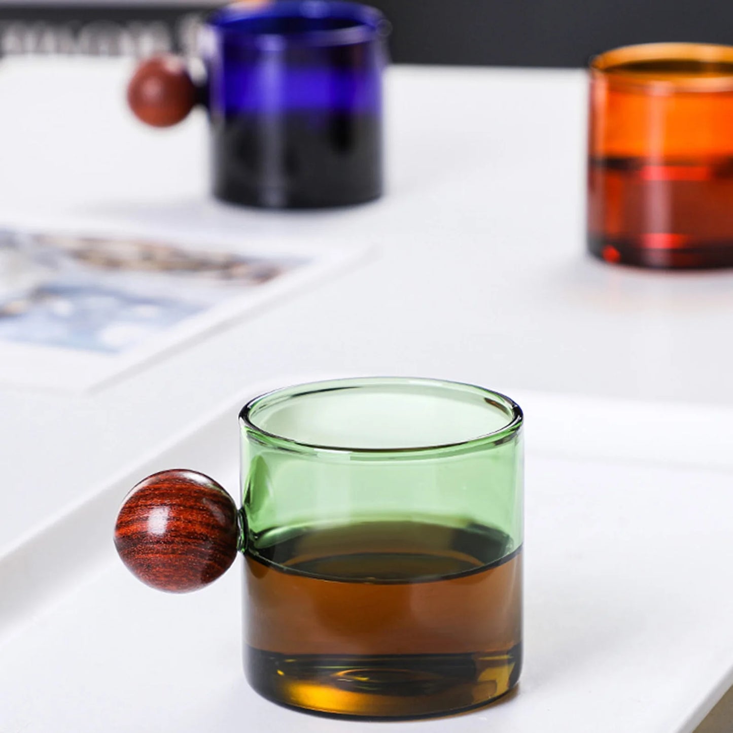 Colorful Glass Coffee Mugs With Wooden Ball Handle 120/200ml