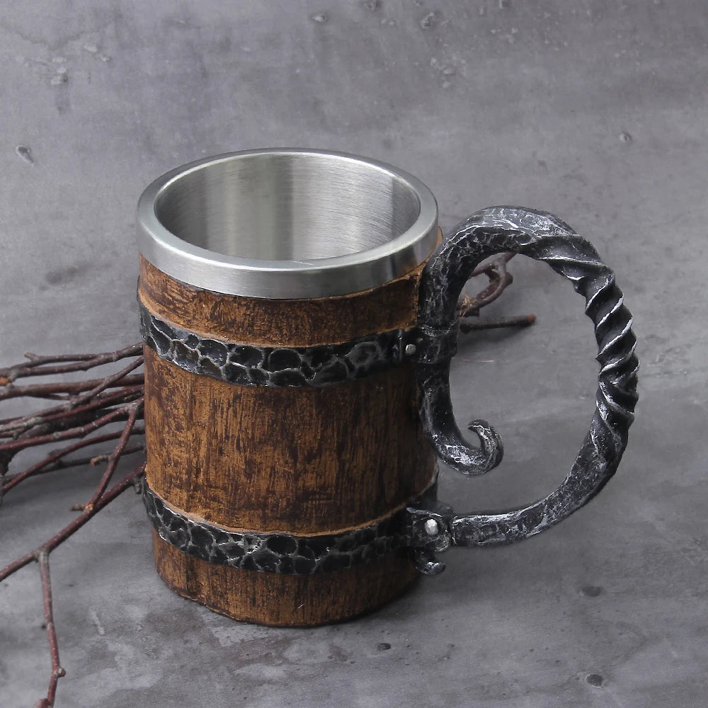 Viking Wood Style Beer Mug - Wooden Barrel Beer Cup Double Wall