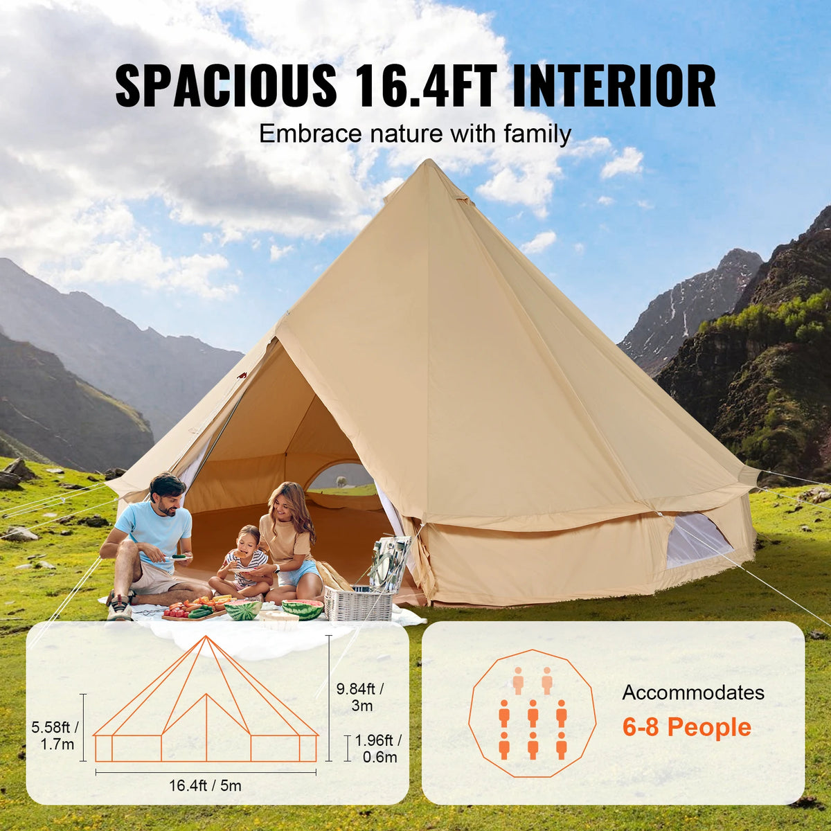 Canvas Bell Tent 4 Seasons 3/4/5/6/7m  8People