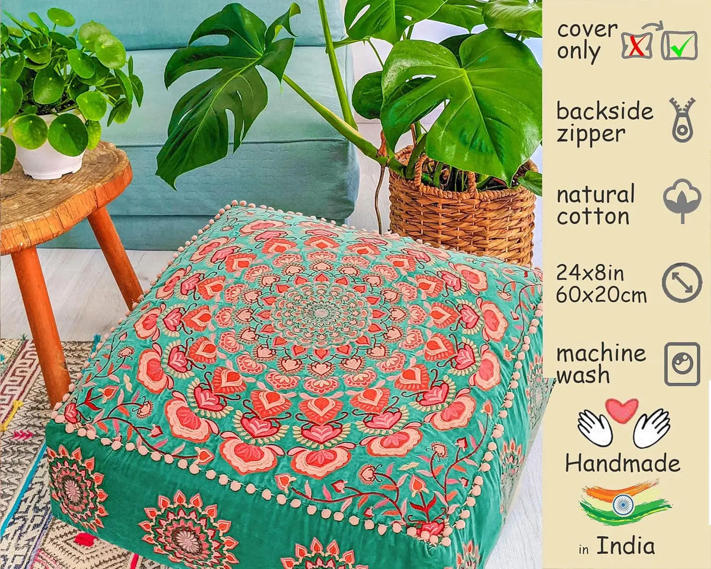 Mandala Life Art Turquoise Velvet Pouf Cover -24X24X8 Inches