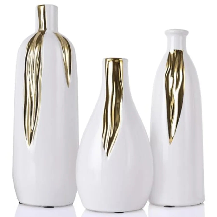 Ceramic Vase 3 Pcs Set, White and Silver Vases for Home Decor, Decorative Vases for Mantels, Shelves and Entryway Decor, Dining