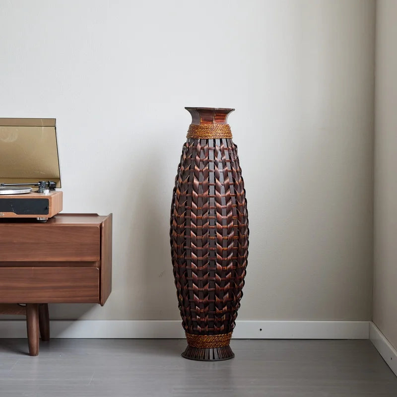 Handwoven Bamboo Floor Vase, 38.97" Tall Rustic Deco Natural Woven Design- Dried Branches