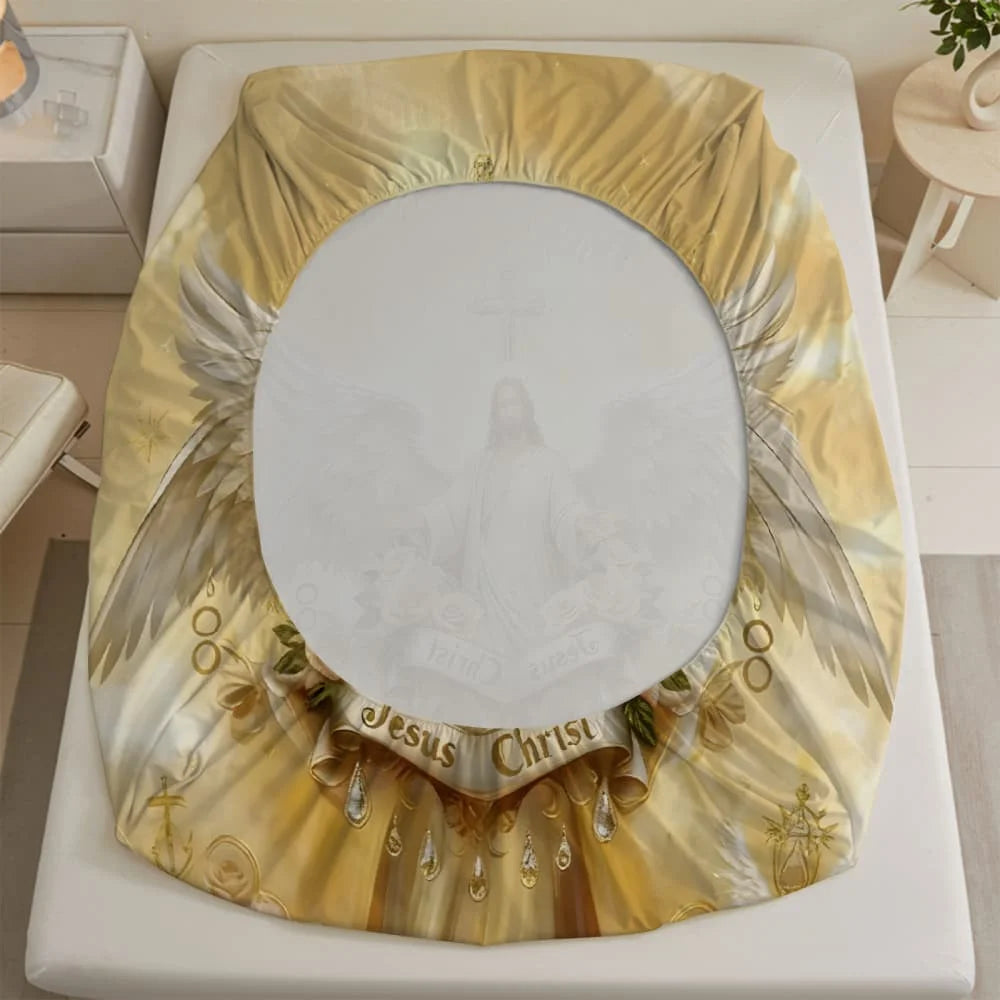 1pc Angelic Jesus Christ Print Fitted Sheet Deep Pocket Elastic Mattress Cover