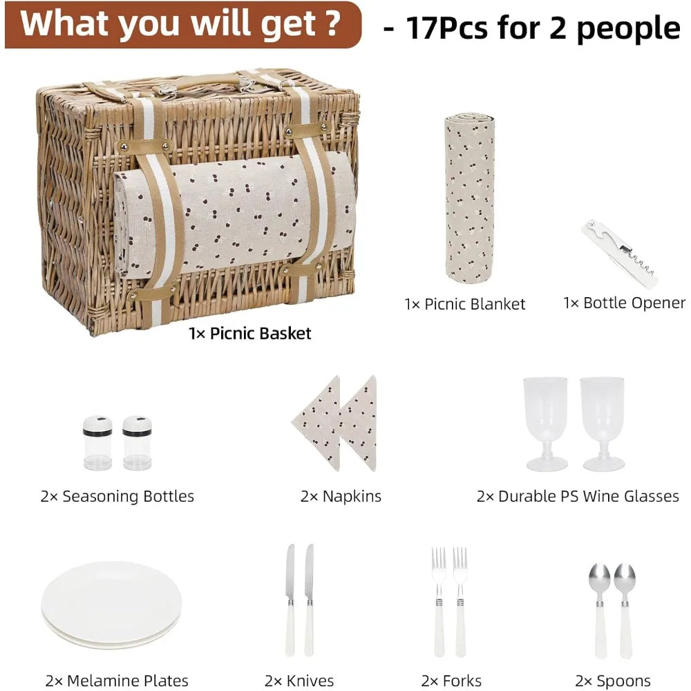 Willow Picnic Basket Set for 2 Persons Waterproof