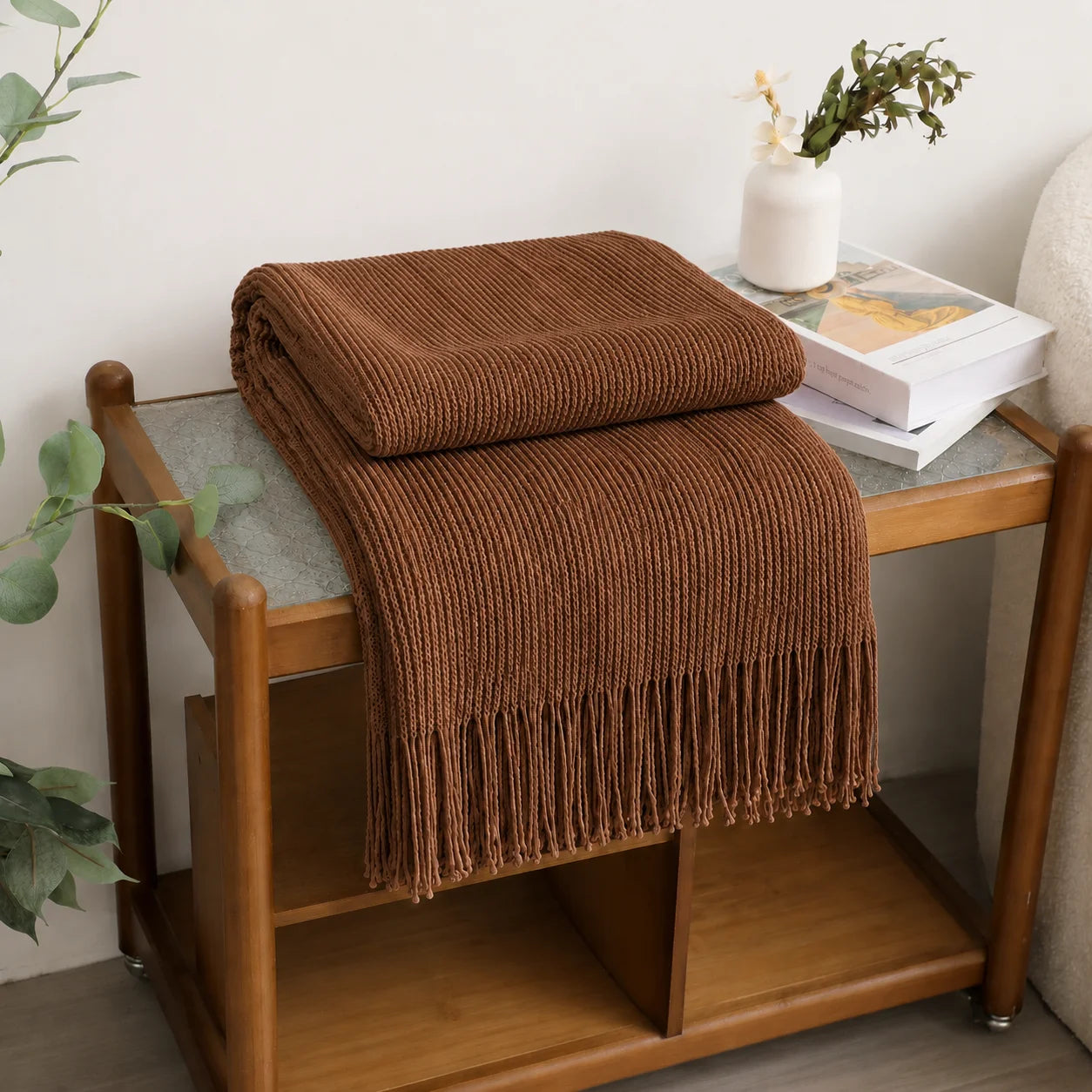 Cream Popcorn Bobble Textured Knit Throw Blanket with Tassel Fringe,