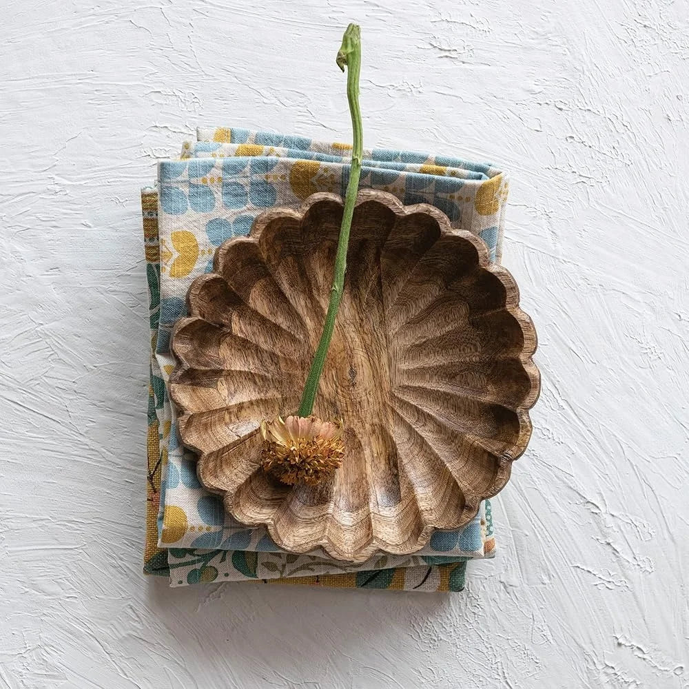Boho Carved Wood Bowl Scalloped Edge Food Safe Mango Wood Decorative Centerpiece Modern Scandinavian Design 8 Inch