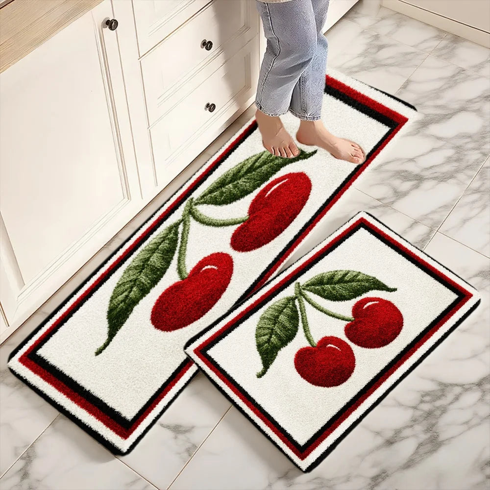 3PCS Mat Set,  Front Door, Kitchen,  Cherry Pattern With Green Leaves
