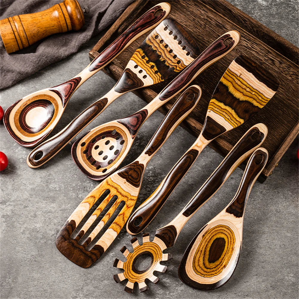 7-Piece Brown Utensils Set –, Wooden Spoons Utensil