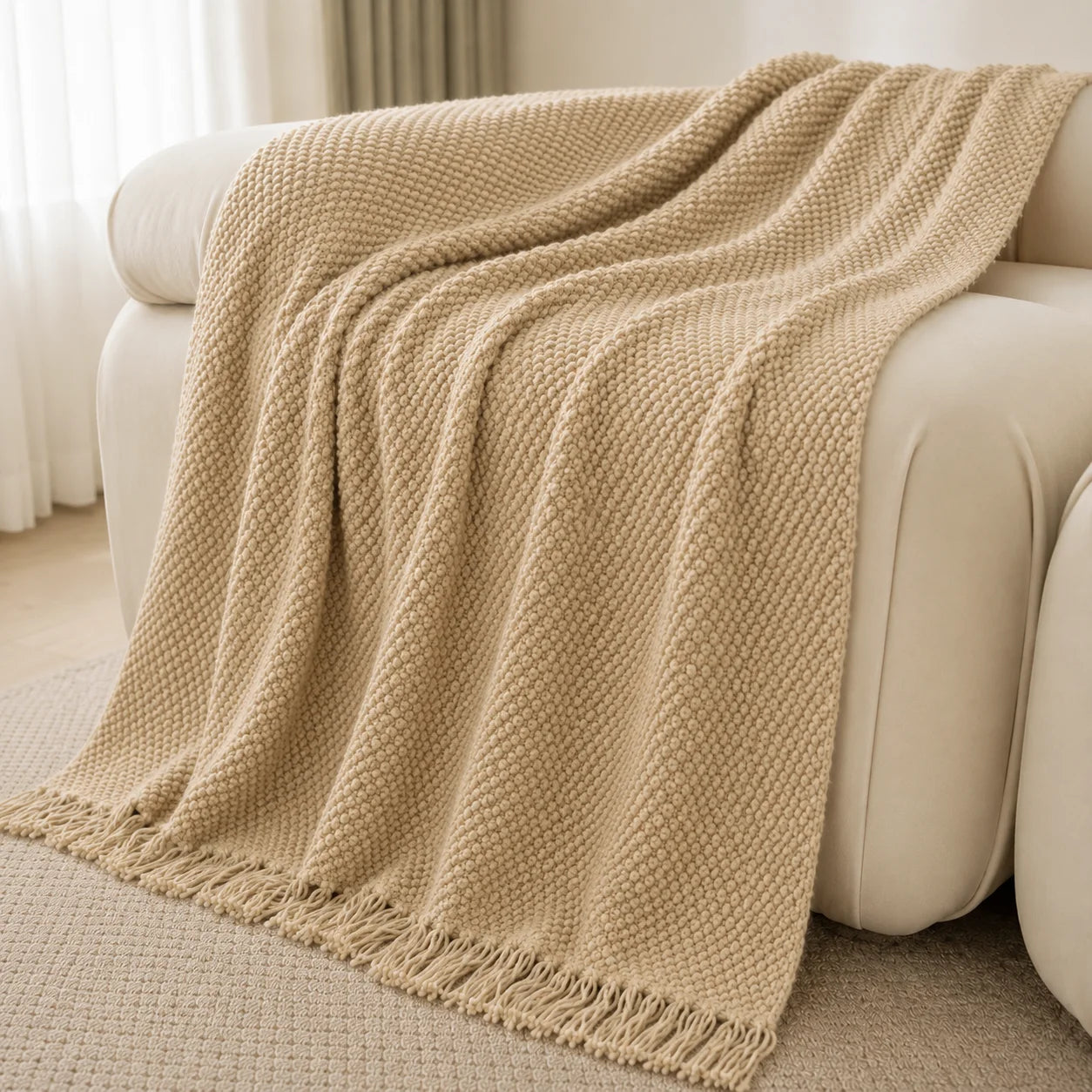Textured Knit Throw Blanket with Tassel Fringe, Soft Knitted Decorative Blanket,