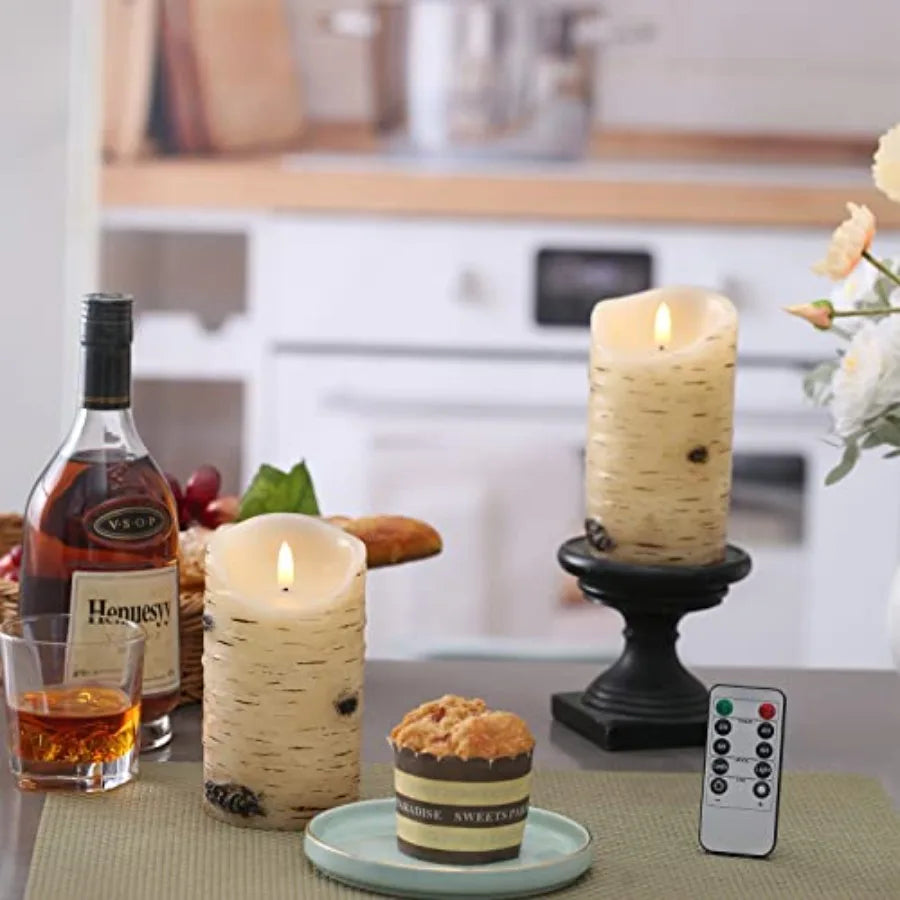 Flameless Candles LED Birch Bark Effect Set of 2 D:3.25" X H:6"