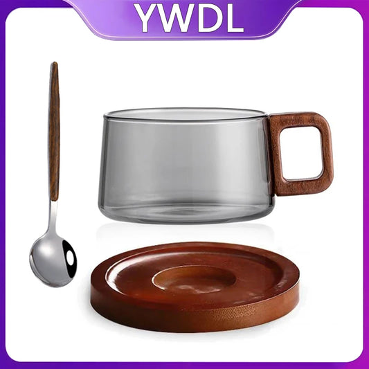 200ml Glass Coffee Mug With Wooden Tray And Spoon