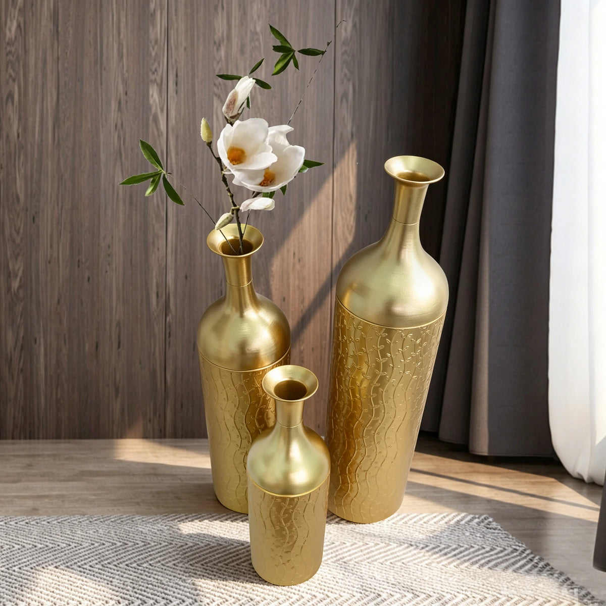 White Metal Floor Vases Set of 3, Tall Gold Leaf