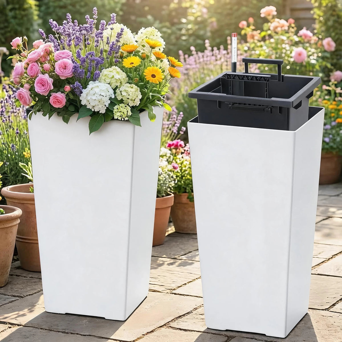 15.7"/22.5" Tall Planters Set Of 2, Self Watering With Drainage