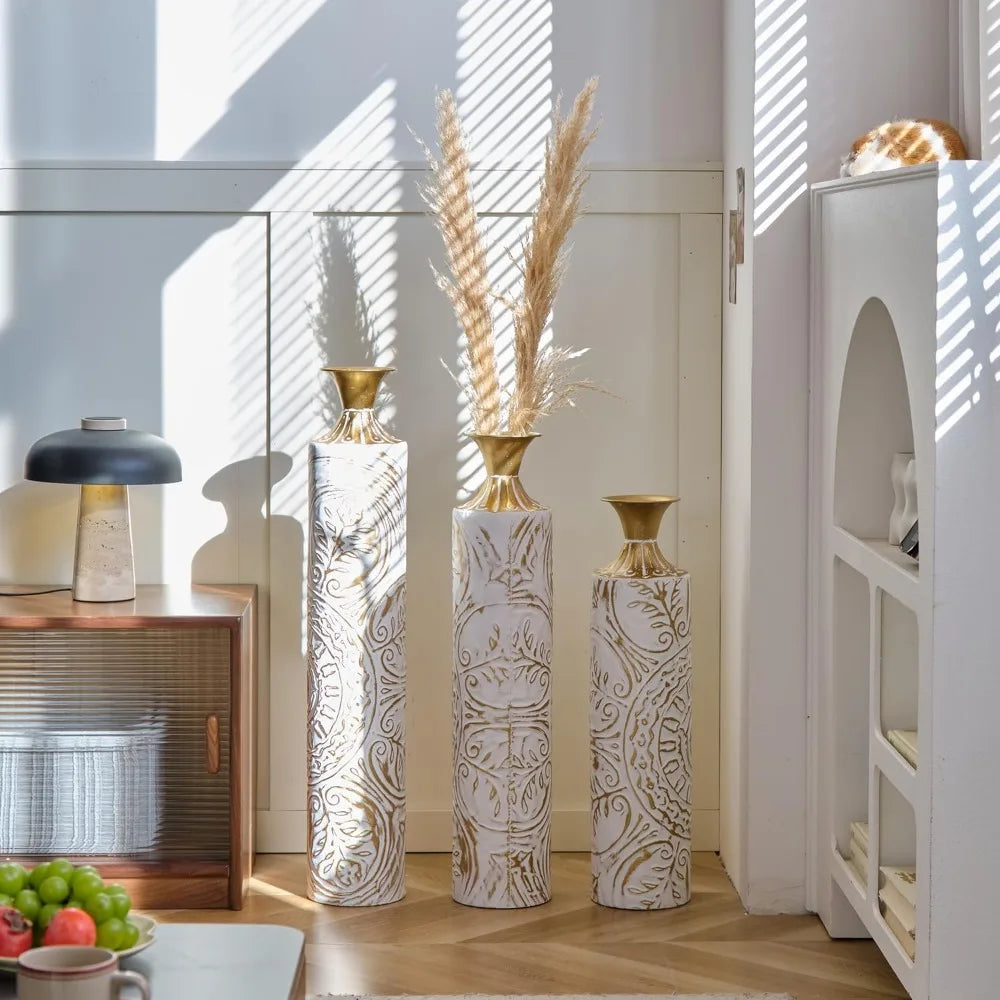 Set of 3 White & Gold Metal Vases - , 24in/28.7in/33.5in Tall