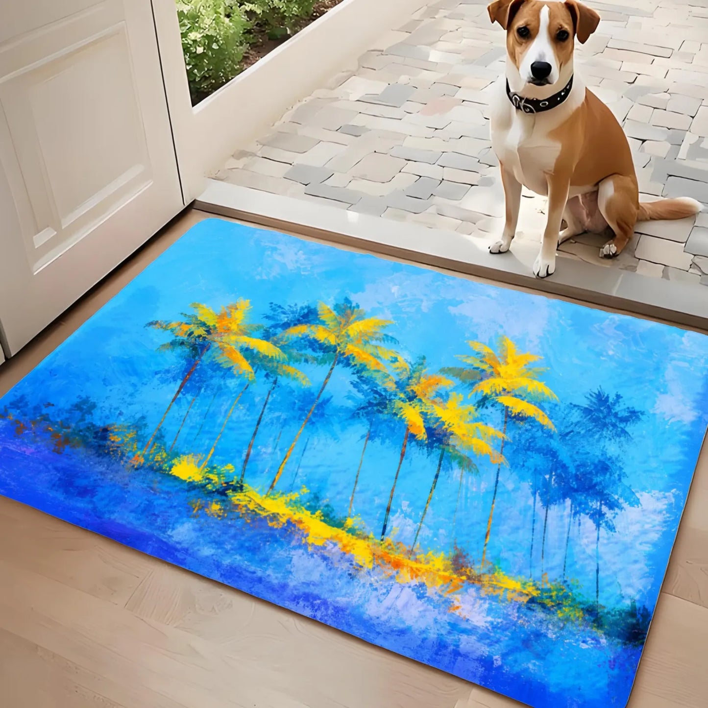 3PCS Kitchen Rugs, Kitchen, Bathroom, Blue Sky Palm Trees Tropical Beach