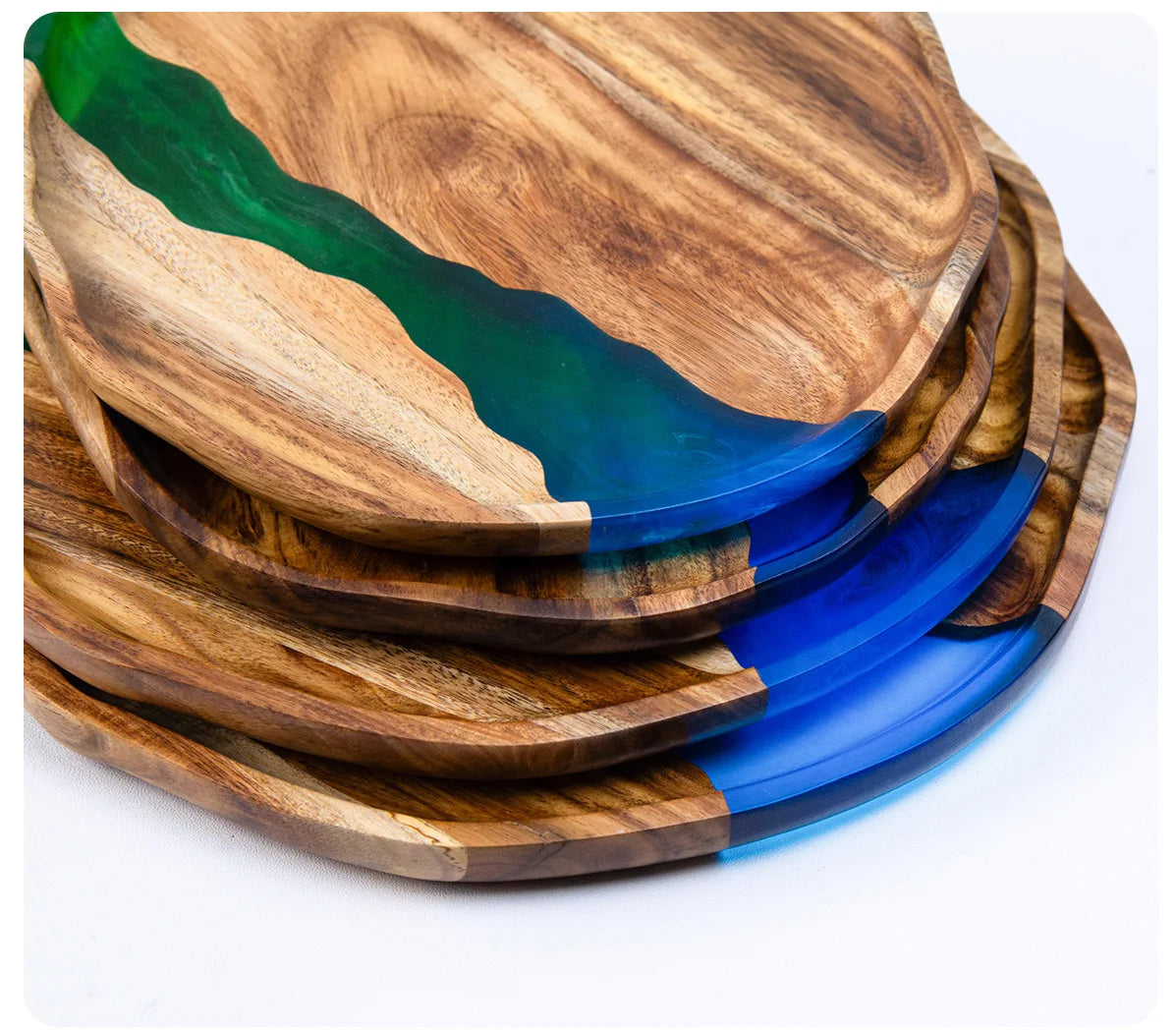 Acacia wood epoxy resin craft tray; tea tray; round plate; resin river