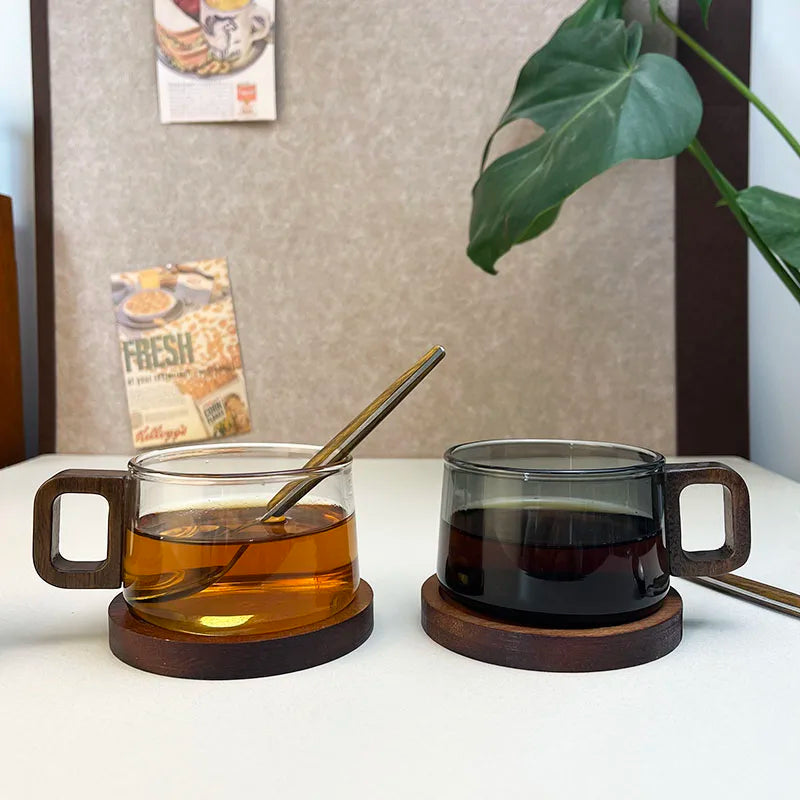 200ml Glass Coffee Mug With Wooden Tray And Spoon