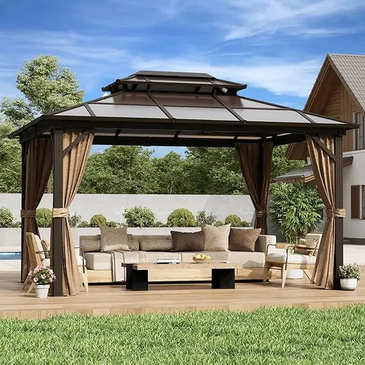 10'x13' Hardtop Gazebo, Outdoor Polycarbonate Double Roof Canopy