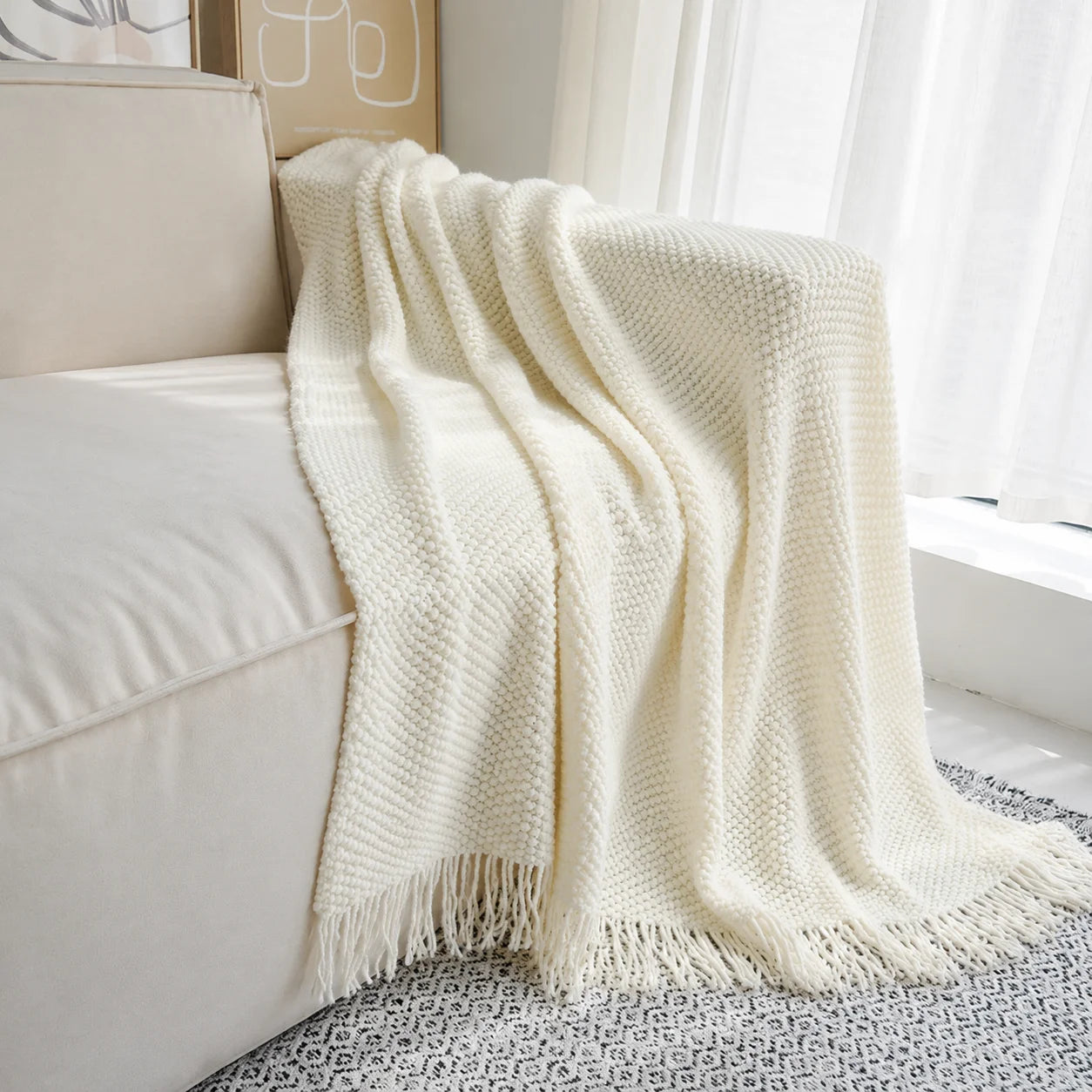 Dark Brown Wavy Chevron Textured Knit Throw Blanket with Tassel Fringe,