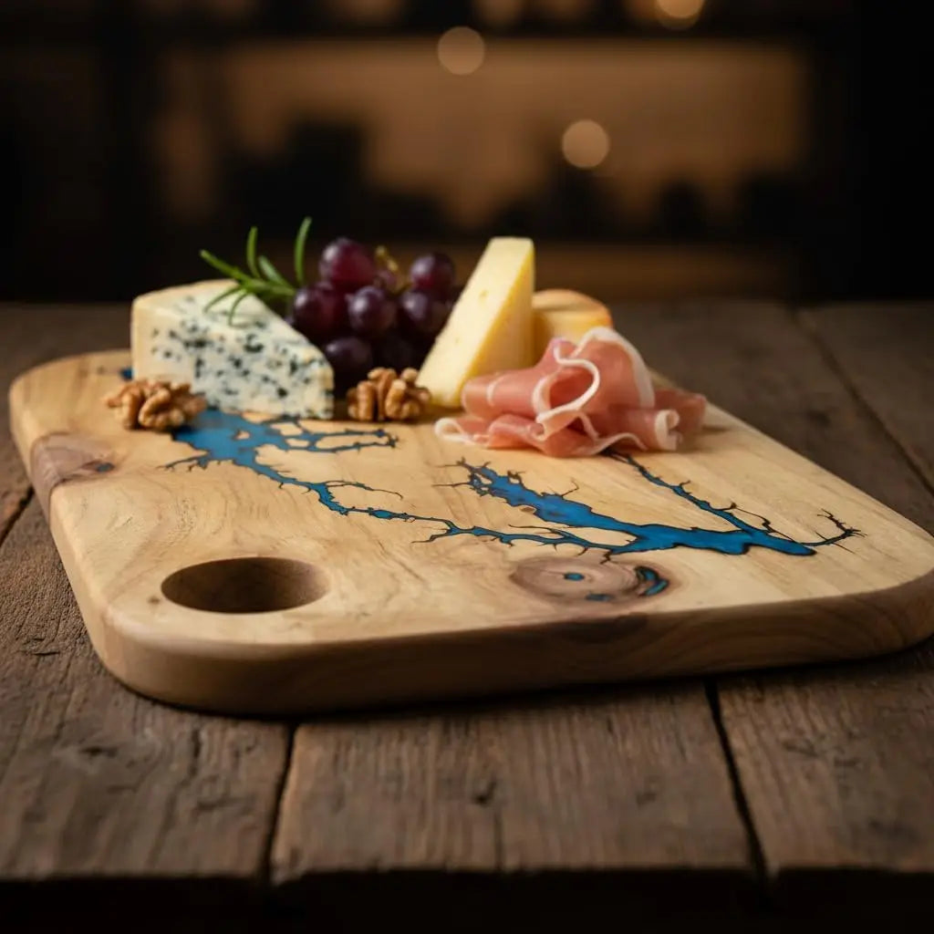 Acacia Wood Charcuterie Board 16x10.5 Inch Blue Fractal Burn Epoxy
