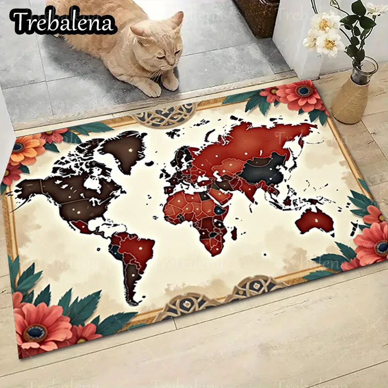 1pc Welcome Door Mat World Map Floral Border Area Rug