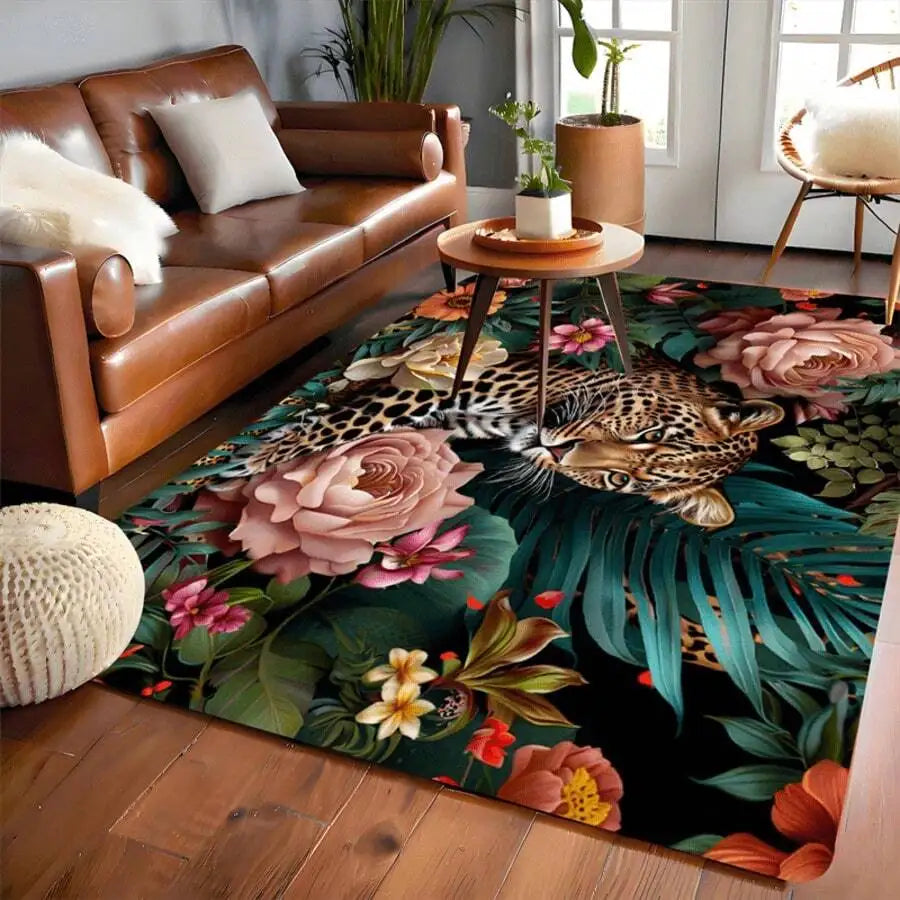 Pink Tiger Floral Pattern Flannel Rug, 2D Digital Print, Non-Slip