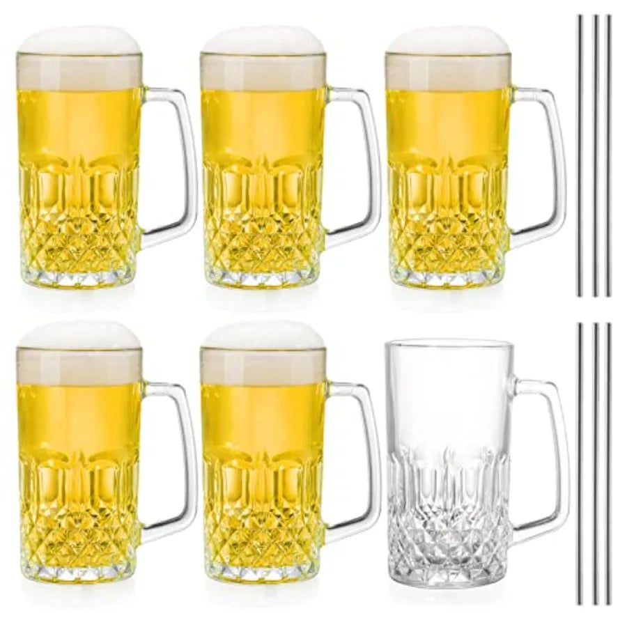 6 Pack 16 Oz Glass Beer Mug, Stainless Steel Straws,