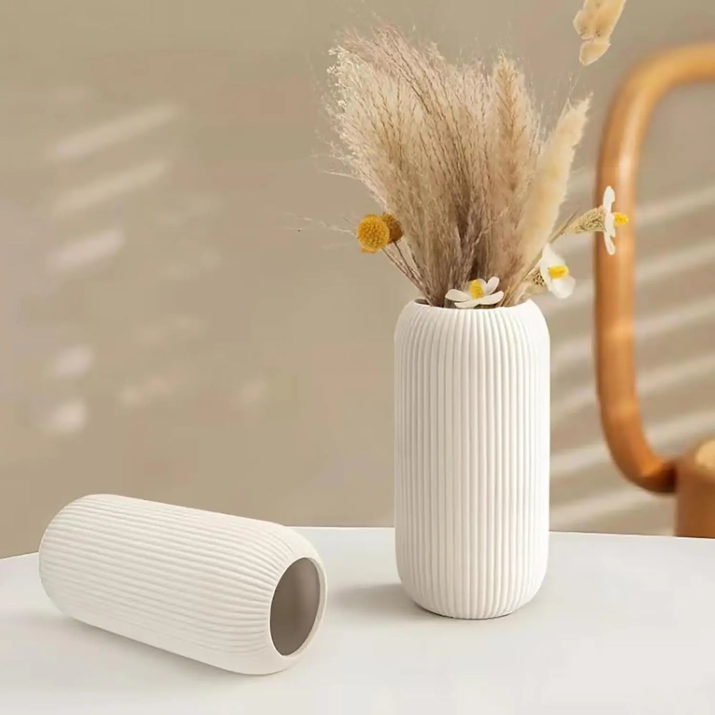 Modern Ribbed Ceramic Vase - 8" Small White Flower Vase