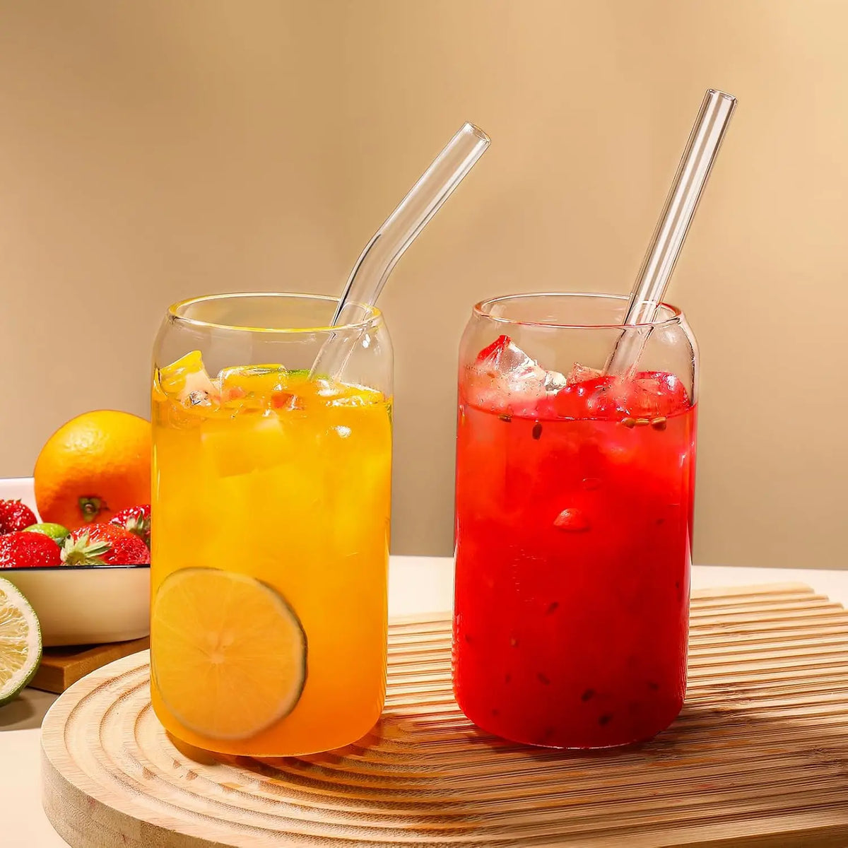 Drinking Glasses with Glass Straw 8pcs Set - 16oz Highball Glass Cups, Beer Glasses
