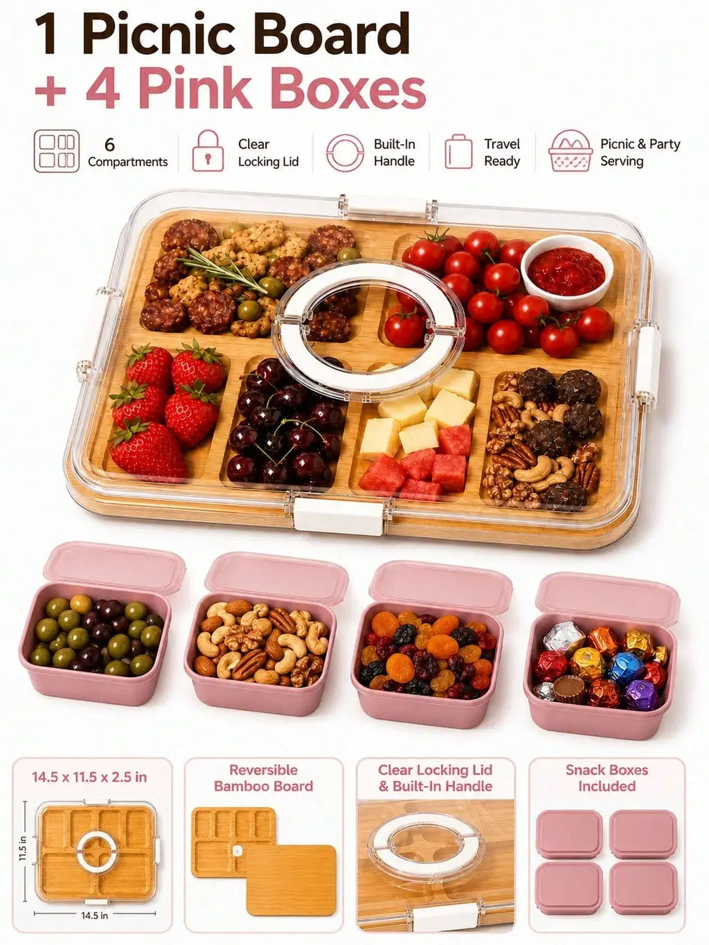 Portable Bamboo Charcuterie Board Set with Clear Lid