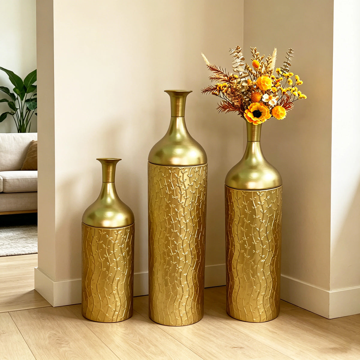 White Metal Floor Vases Set of 3, Tall Gold Leaf