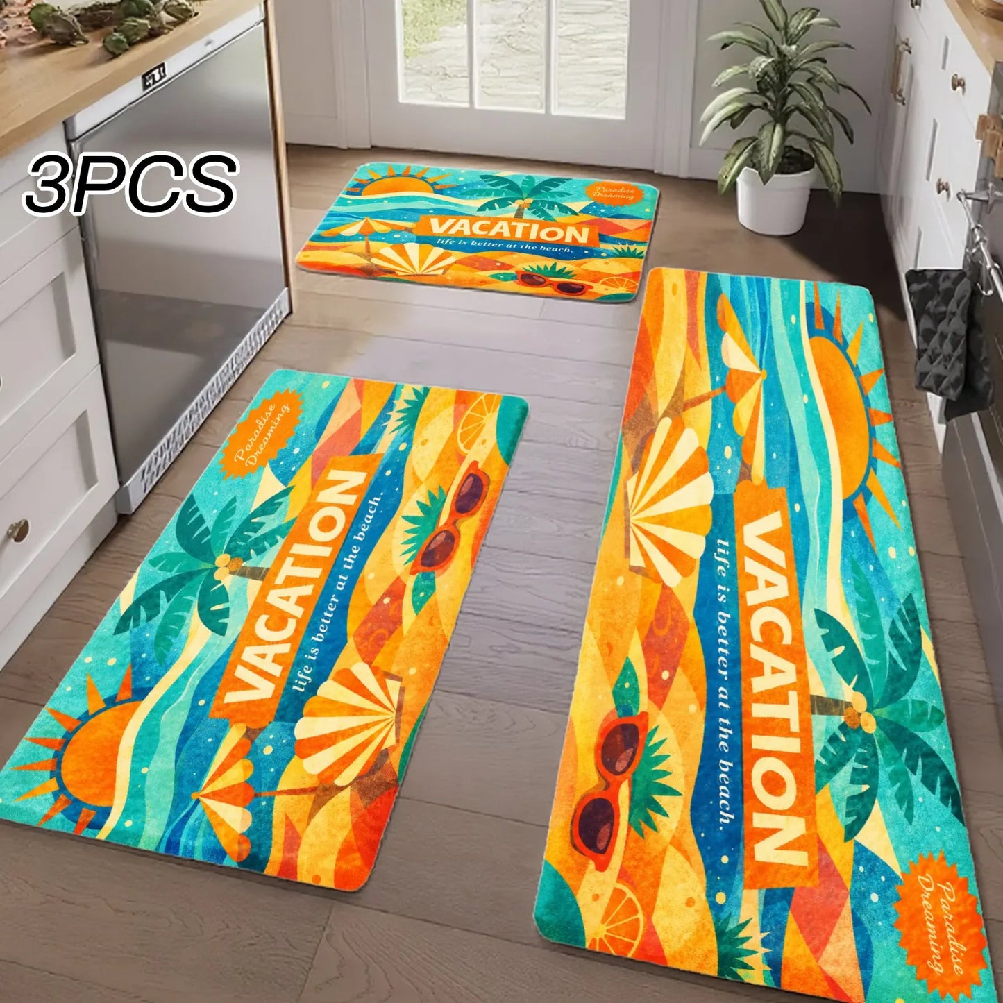 3PCS Kitchen Rugs, Palm Tree Sun Sunglasses Wave Dining Mat