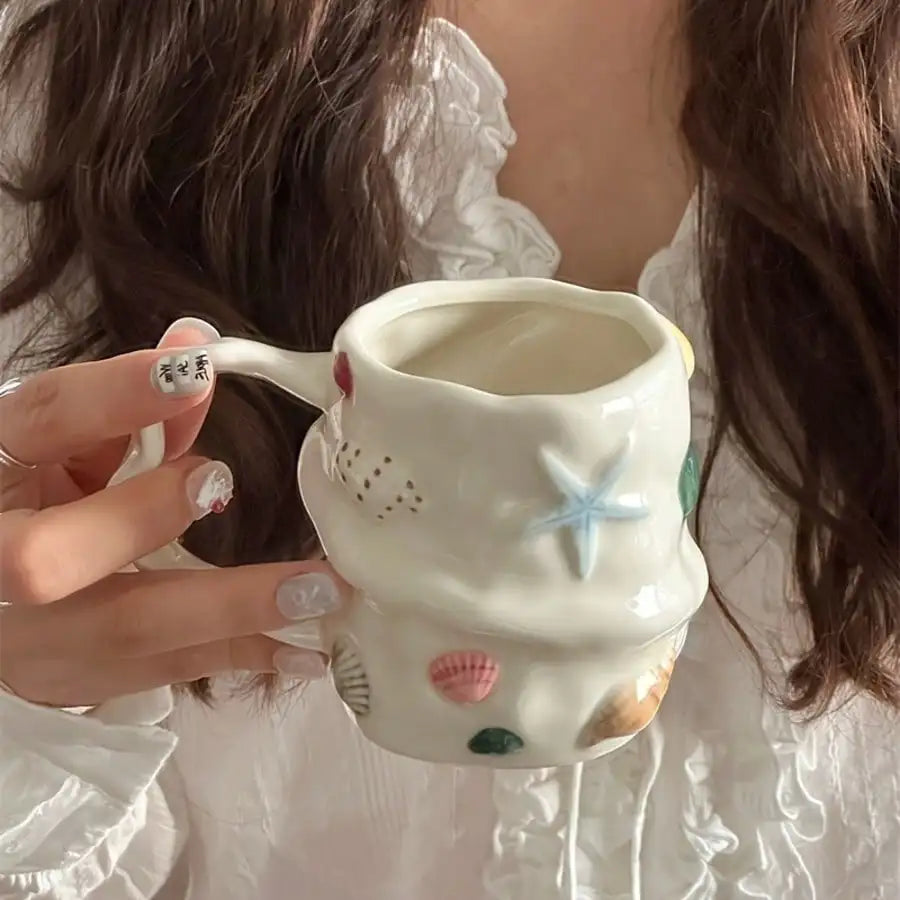 Handmade Ceramic Mug With 3D Shell Design -