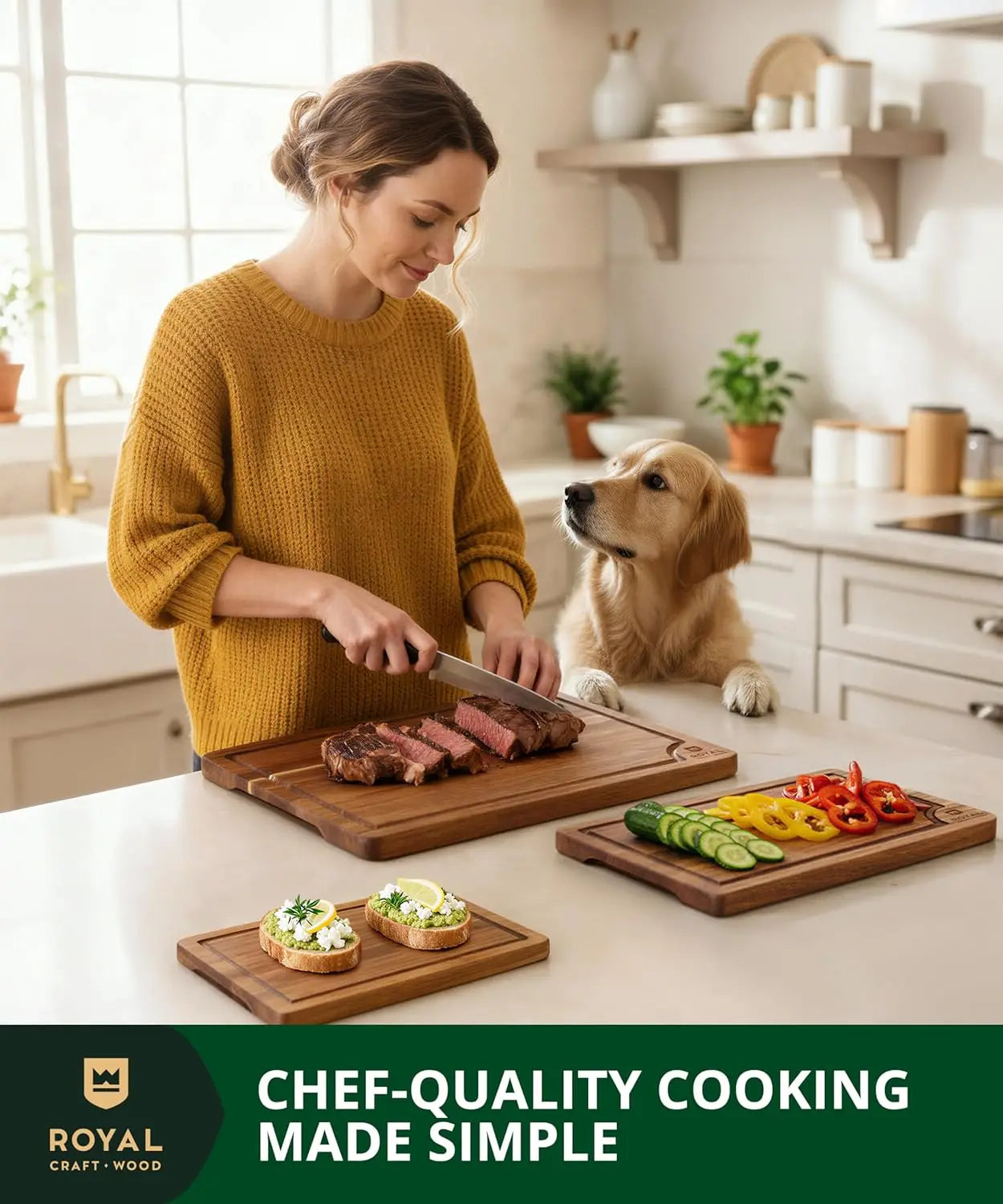 Acacia Wood Cutting Boards Set of 3 with Deep Juice Groove