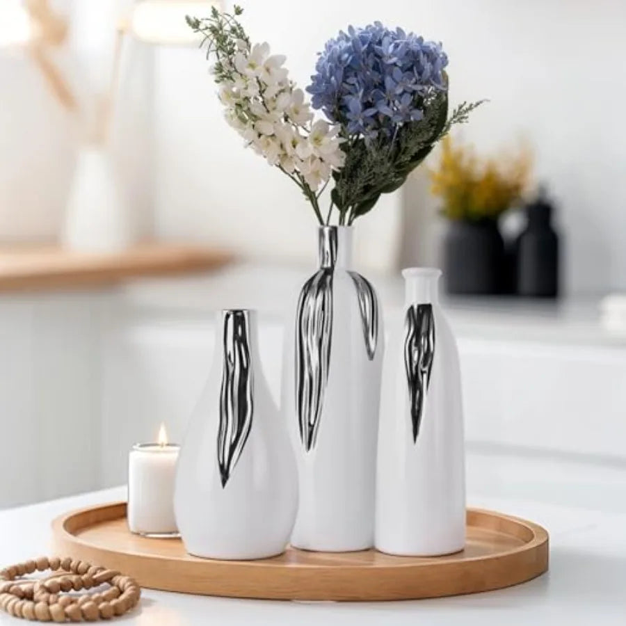 Ceramic Vase 3 Pcs Set, White and Silver Vases for Home Decor, Decorative Vases for Mantels, Shelves and Entryway Decor, Dining