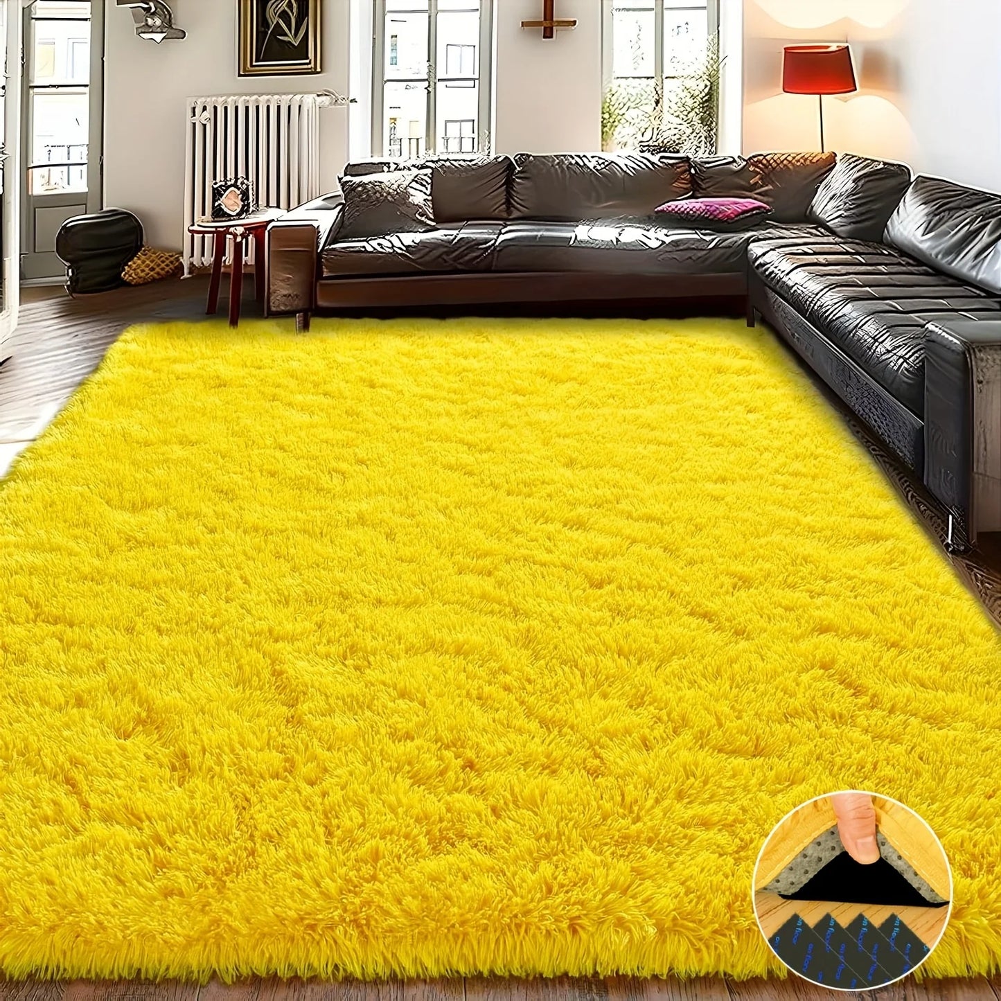 Ideal Room Decor Rug,Yellow Soft Shaggy Non-Slip - 4 Rug Stickers