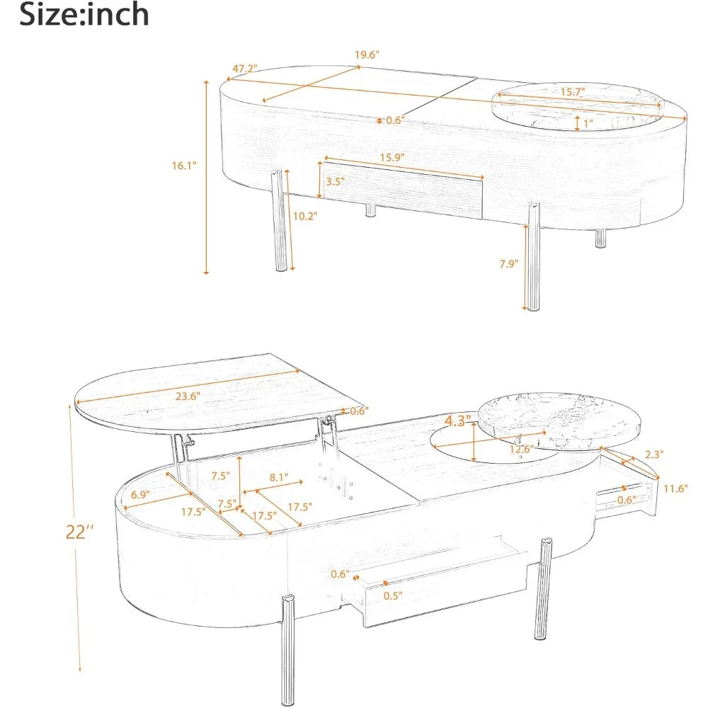 47.2-Inch Lift Top Coffee Table - Hidden Storage - Rotating Round Tray