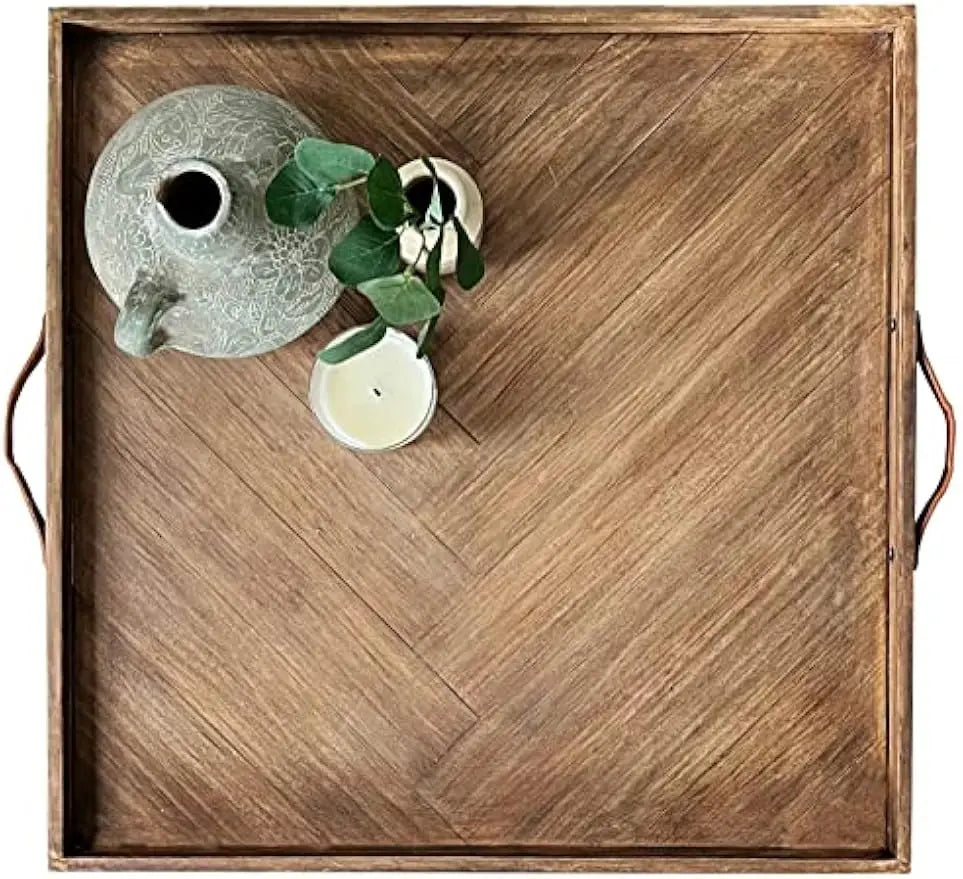 Large Ottoman Wood Tray- with Leather Handle 24 x 24 x1.5 Inches