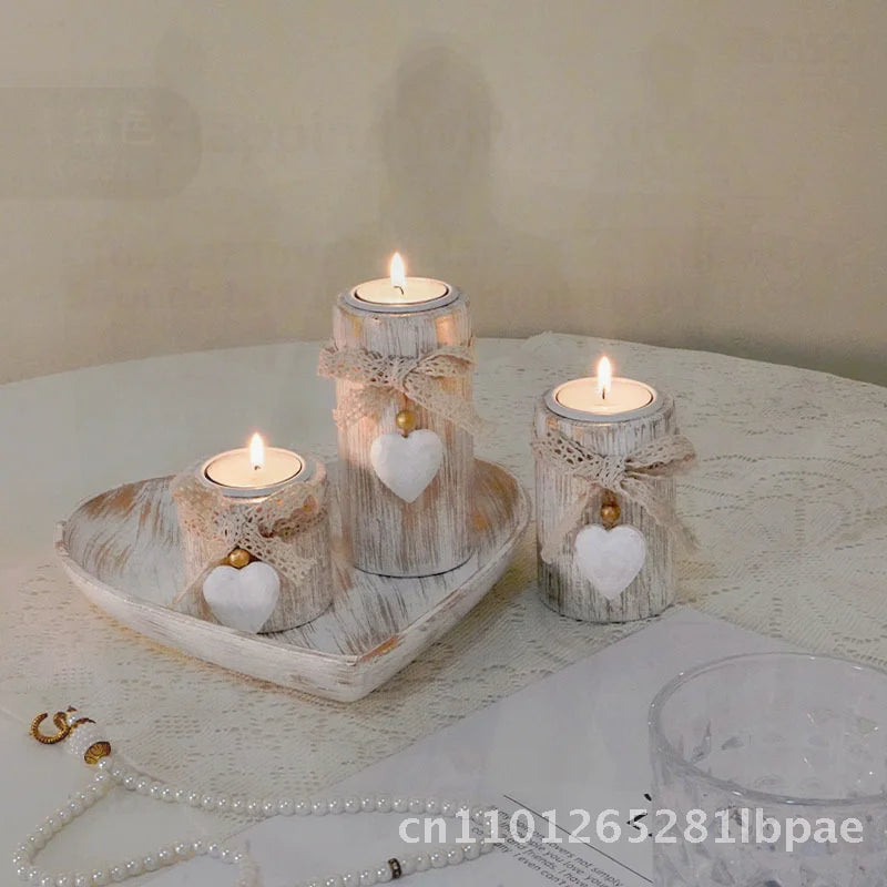 Antique Wooden Heart Candlestick Set  Tea Wax Holder