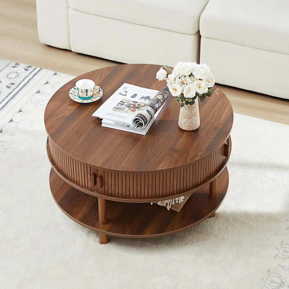 31.5” Round Coffee Table with Storage, Mid Century Modern 2 Tier Coffee Table with Tambour Sliding Door, Solid Wood Legs Fluted