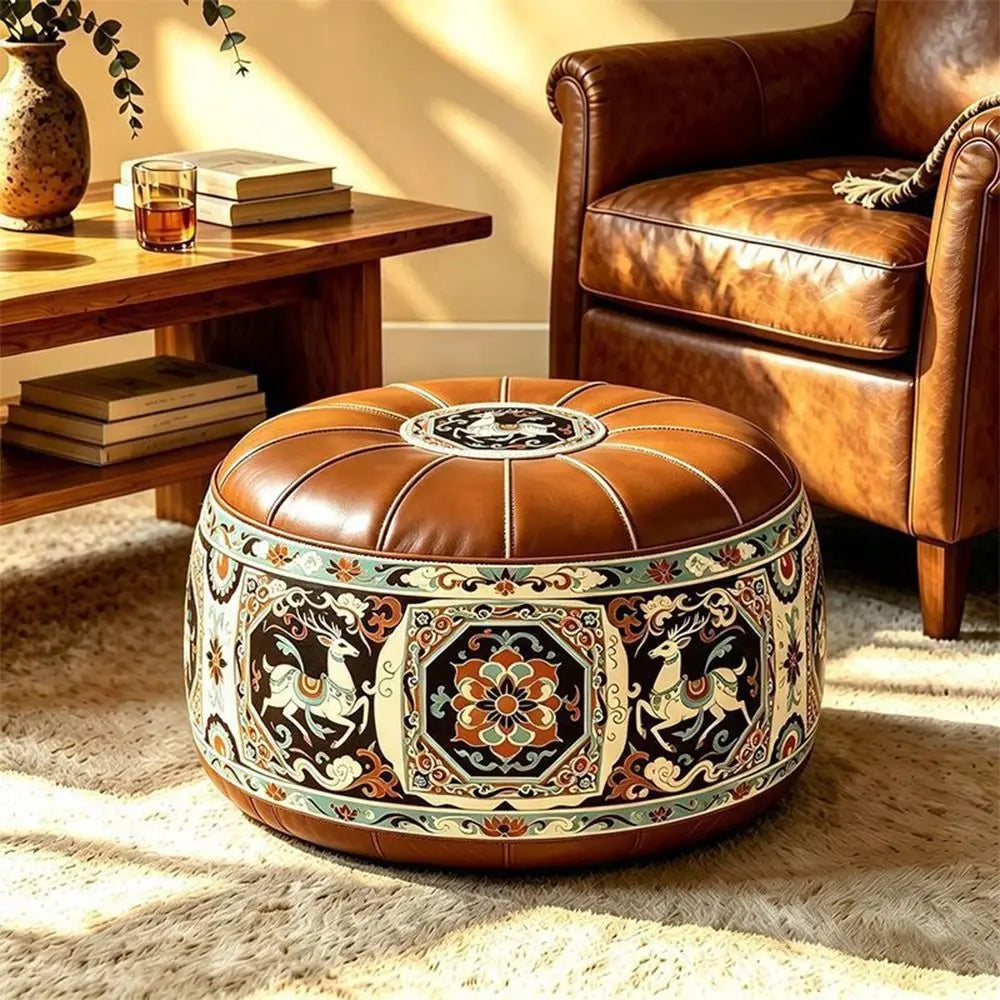 Leather Fillable Ottoman Pouf Embroidered Pattern Moroccan Style, Storage