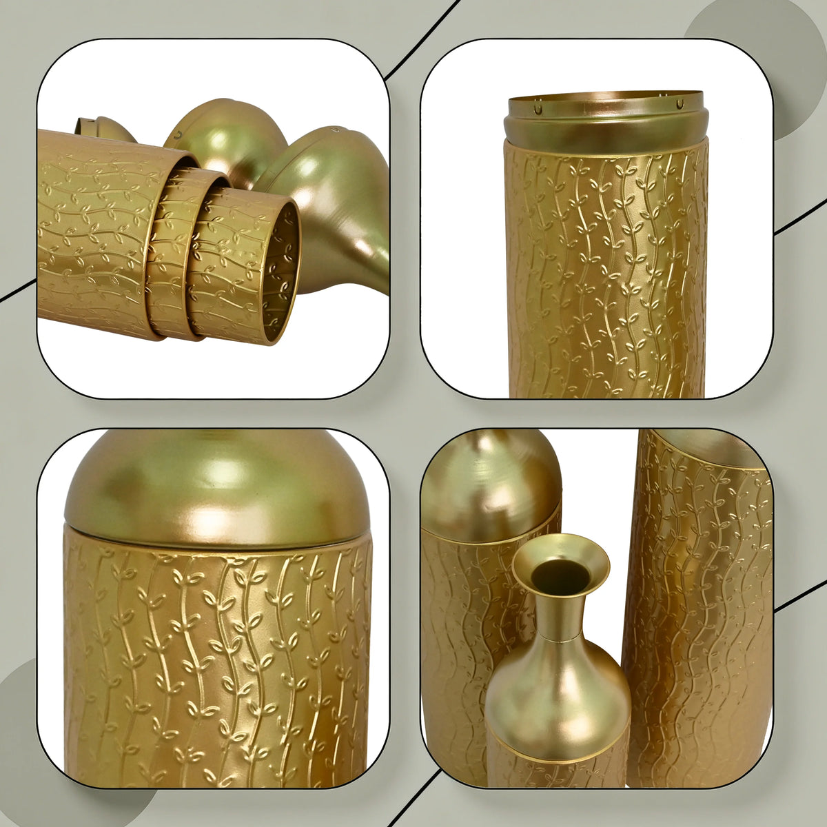 White Metal Floor Vases Set of 3, Tall Gold Leaf