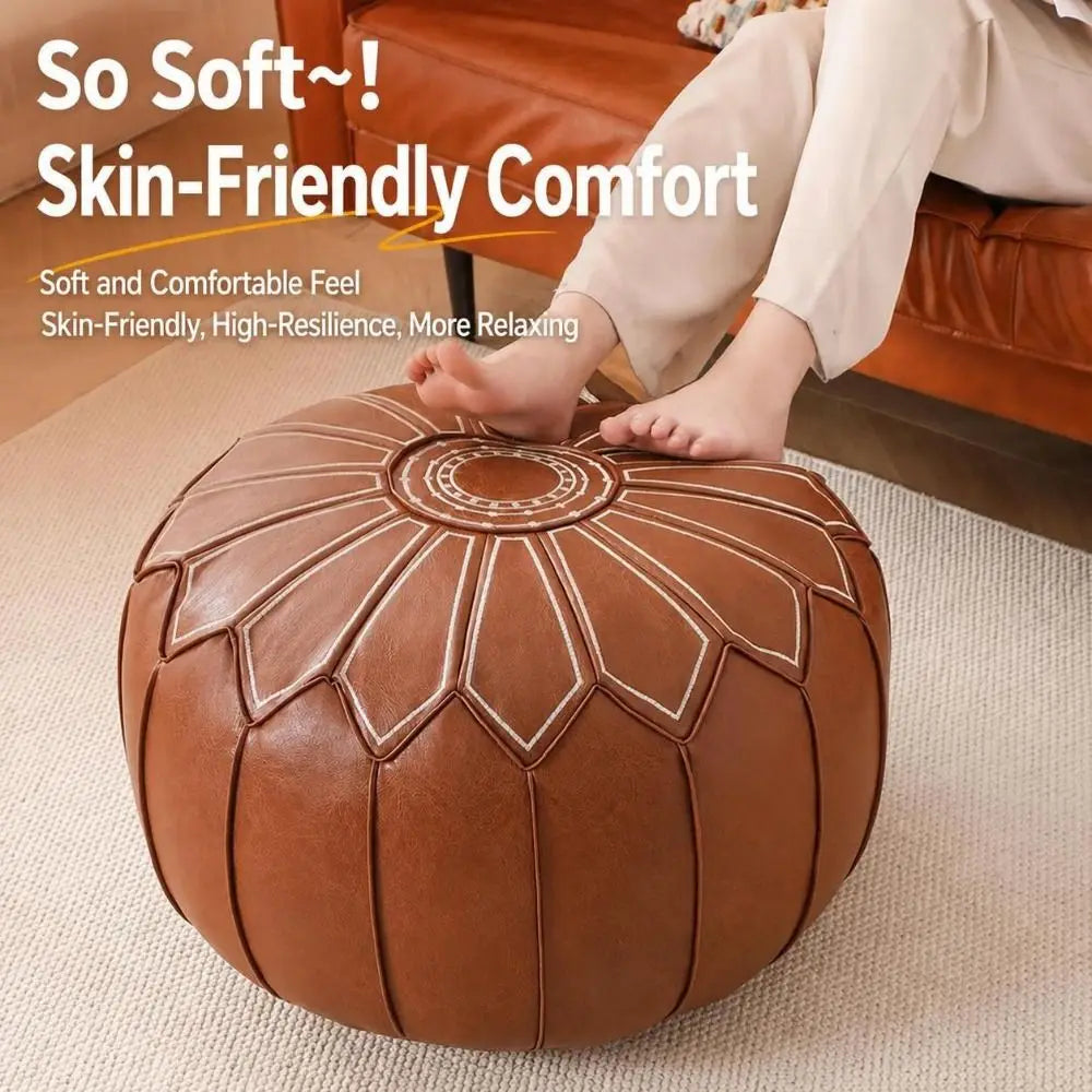 PU Leather Fillable Ottoman Pouf Embroidered Pattern