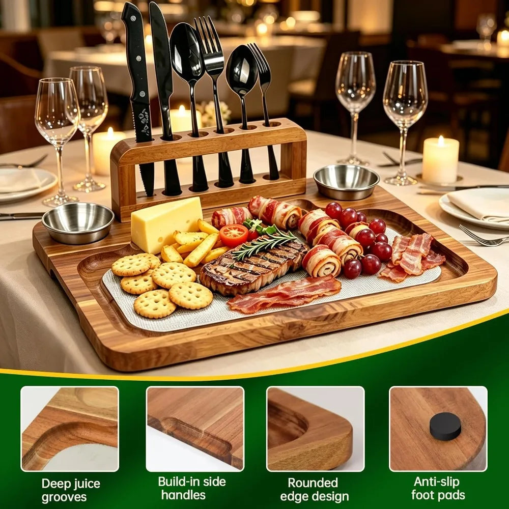 16.5" Acacia Wood, Magnetic Charcuterie Board Serving Platter with Cutlery & Sauce Cup