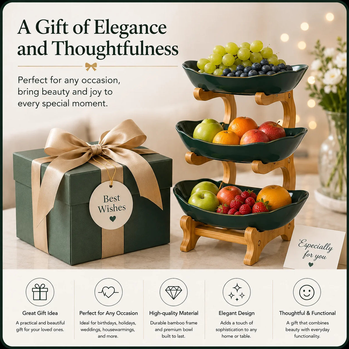 2/3-Tier Fruit Bowl with Stand, Plastic Fruit Basket with Bamboo Frame f