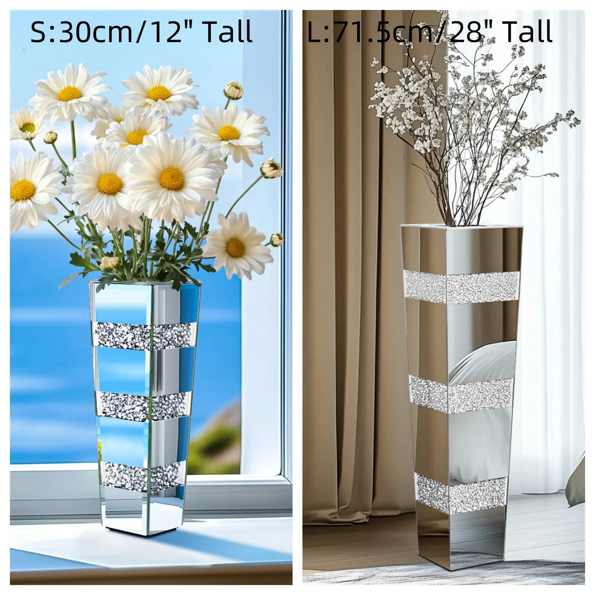 Floor Flower Vase Decorative Crystal Silver Standing Mirrored