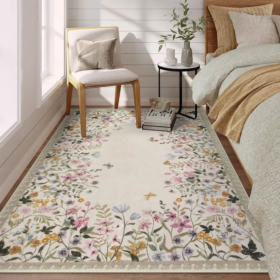 Washable 4x6 Rug for Bedroom, Floral Print Area Rug NonSlip