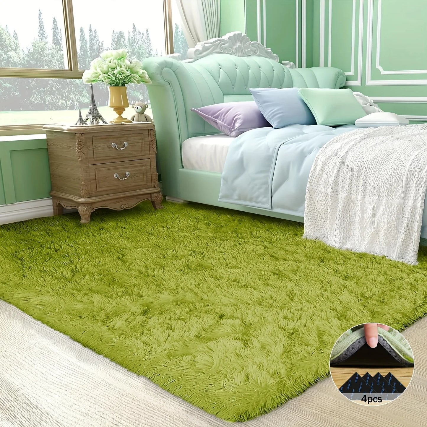 Room Decor Rug,Grass Green Soft Shaggy Non-Slip Rugs 4 Rug Stickers,