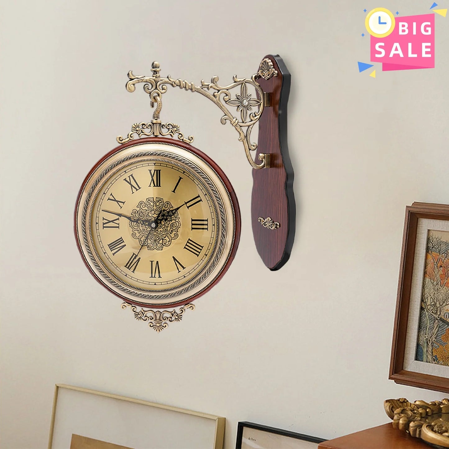 Vintage Double Sided Wall Clock Brown Round